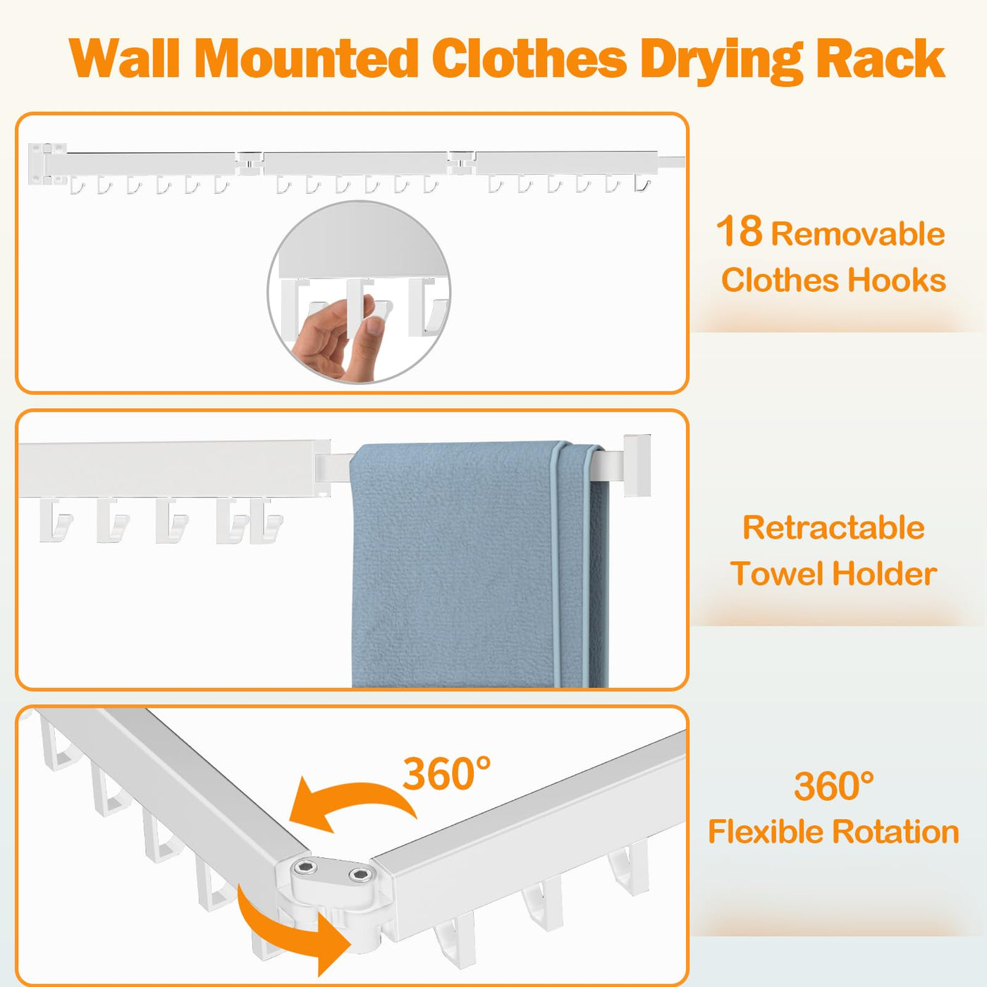 Kelisiting Wäscheständer Wandmontage, 3-Fold Wand Wäschetrockner ausziehbar, 120 cm/ 50 Inch gefaltet Ausziehbarer Wandmontage für kleine Haushalte, Platzsparend-150 LBS Tragkraft - Weiß