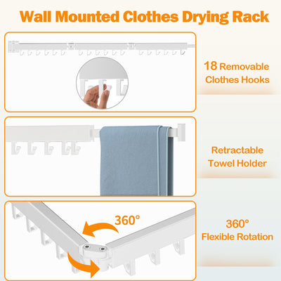 Kelisiting Wäscheständer Wandmontage, 3-Fold Wand Wäschetrockner ausziehbar, 120 cm/ 50 Inch gefaltet Ausziehbarer Wandmontage für kleine Haushalte, Platzsparend-150 LBS Tragkraft - Weiß