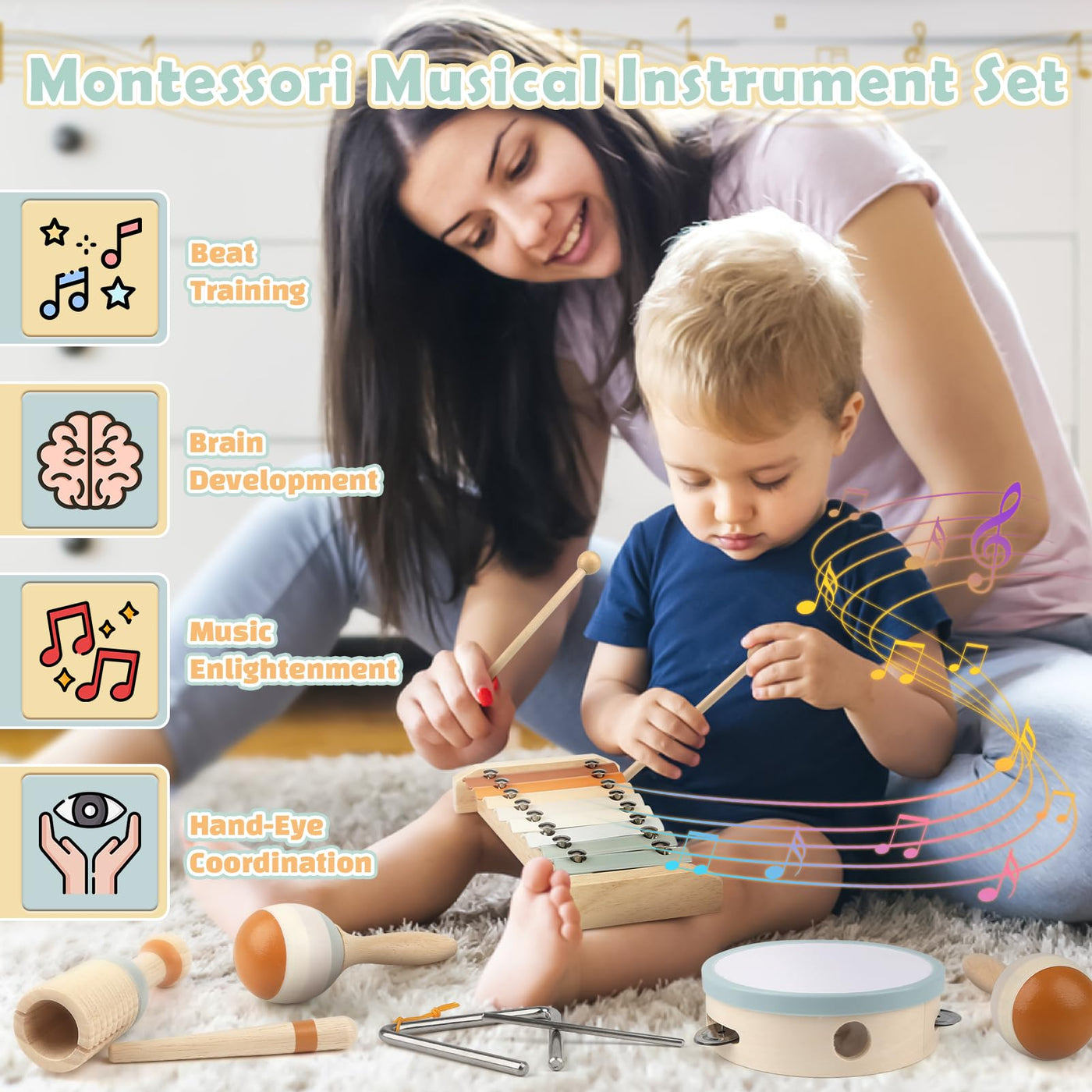 Musikinstrumente für Kinder Kinderspielzeug ab 3 Jahre holzspielzeug Trommel Xylophone für Kinder Baby Musikspielzeug Montessori Spielzeug ab 3 Jahre