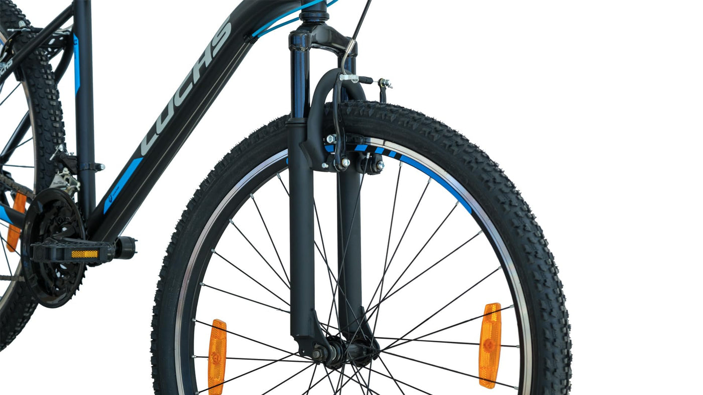 LUCHS "Kaku & Titan Mountainbike, MTB Jungen und Herrenfahrrad Vielseitiges Fahrrad mit 24", 26", 27.5" oder 29" und Federgabel (Schwarz/Blau, 26" Zoll (V-Brake))