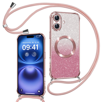 Phoona Handykette Hülle für iPhone 16 Plus mit Band kompatibel mit MagSafe, Luxuriöse Glitzer Beschichtung Magnetische Handyhülle für iPhone 16 Plus Stoßfest Schutzhülle, Rosa