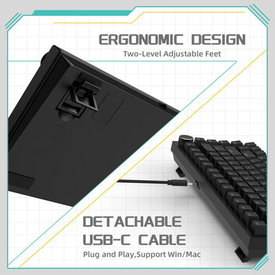 YINDIAO Ajazz AK820 Mechanische Tastatur mit Knopf,75% ANSI-Layout, 81 Tasten,Kabelgebundene Gaming-Tastatur,Verbesserte Dichtungsmontage,Roter Hot-Swap-Schalter,Eisweißes Licht,für PC,MAC (Schwarz)
