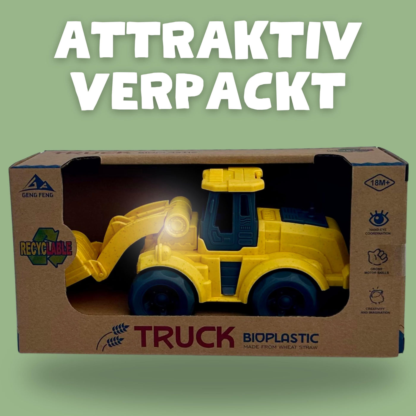 BIOPLAY® Bagger Spielzeug ab 2 Jahre | Bio Kunststoff | Bewegliche Baggerschaufel | Nachhaltiges Spielzeug ab 18 Monate für Jungen und Mädchen | Indoor und Outdoor | Baustellenfahrzeug