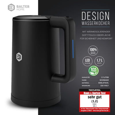 Balter Wasserkocher Edelstahl WK-4, 1,7 Liter, elektrischer Wasserkocher, Doppelwand Design, BPA frei, LED, Teekocher Kompakt, leise (Mint)