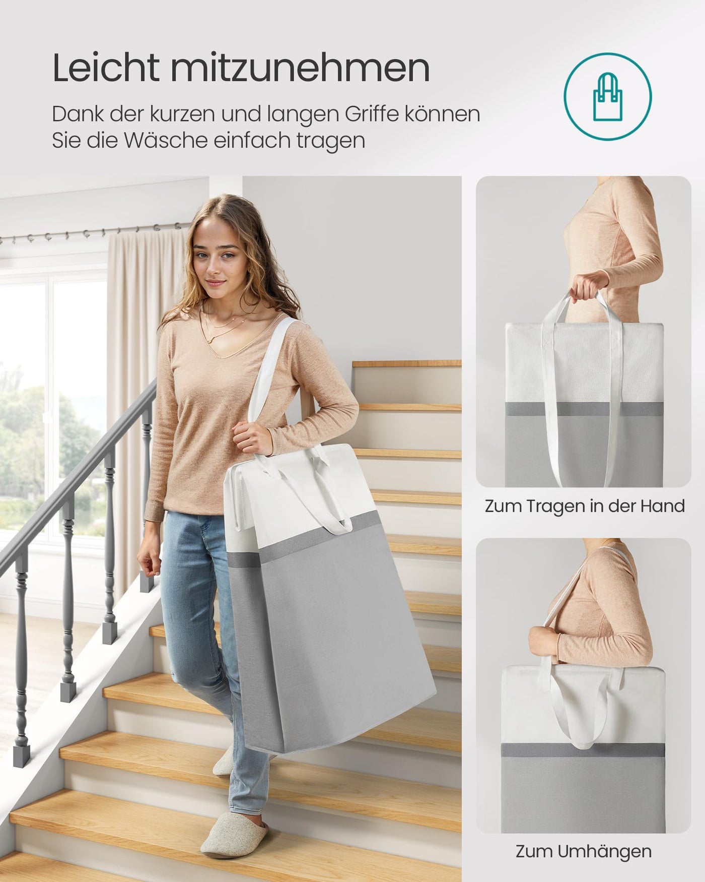 SONGMICS Pfandflaschen Sammelbehälter Wäschekorb 2er Set, 75 L Wäschesammler faltbar, mit langen Griffen, leicht zu tragen und zu reinigen, für Schlafzimmer Badezimmer, taubengrau LCB208G02