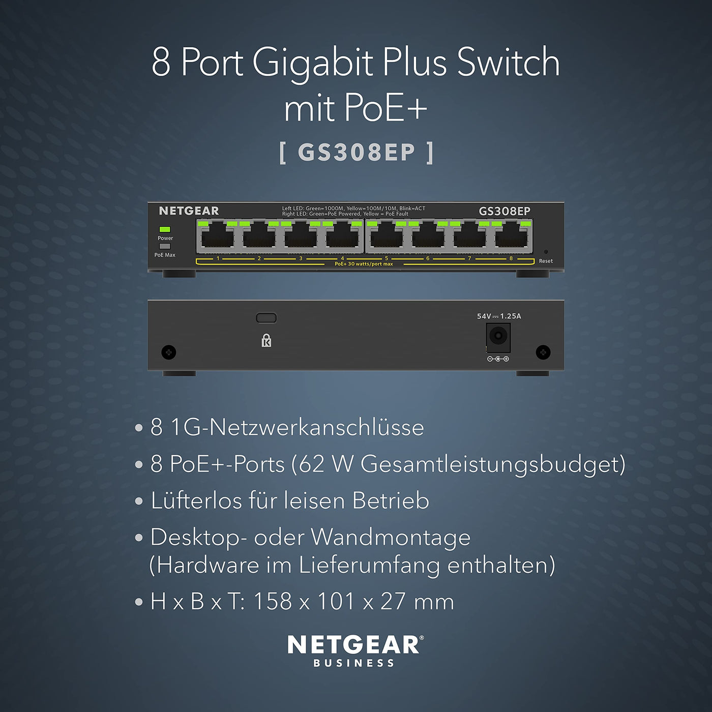 NETGEAR GS308EP PoE Switch 8 Port Gigabit Ethernet LAN Switch PoE+ 62W Plus (Managed Netzwerk Switch PoE mit IGMP Snooping, QoS, VLAN, lüfterloses Metallgehäuse), Schwarz