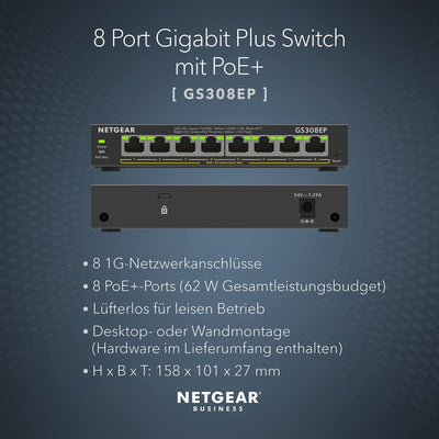 NETGEAR GS308EP PoE Switch 8 Port Gigabit Ethernet LAN Switch PoE+ 62W Plus (Managed Netzwerk Switch PoE mit IGMP Snooping, QoS, VLAN, lüfterloses Metallgehäuse), Schwarz