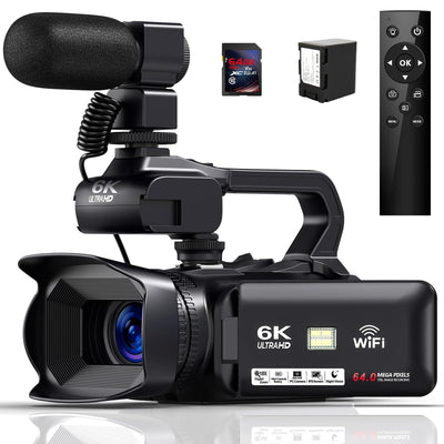 Videokamera 6K 64MP Camcorder 18X Digital Zoom Vlogging Camera for YouTube, 4.0" Touch Screen HD WiFi Videokamera mit 4500mAh Battery, 64G SD-Karte, Stabilizer, Microphone and Remote