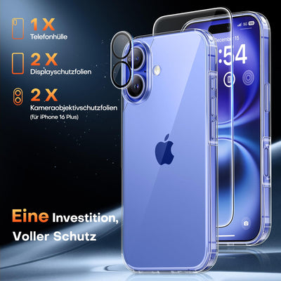 TAURI 5 in 1 für iPhone 16 Plus hülle, Handyhülle für iPhone 16 Plus Case, [Vergilbt Nicht] Schlanke, Stoßfeste Telefon Hülle - Transparent