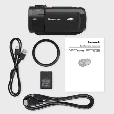Panasonic HC-VX3E-K 4K-Camcorder, 4K-Video (25p), 25-mm-F1.8-Weitwinkelobjektiv, 24-facher optischer Zoom, Hybrid OIS+, HDR, Zoom-Mikrofon, Touchscreen, kreative Funktionen, Schwarz