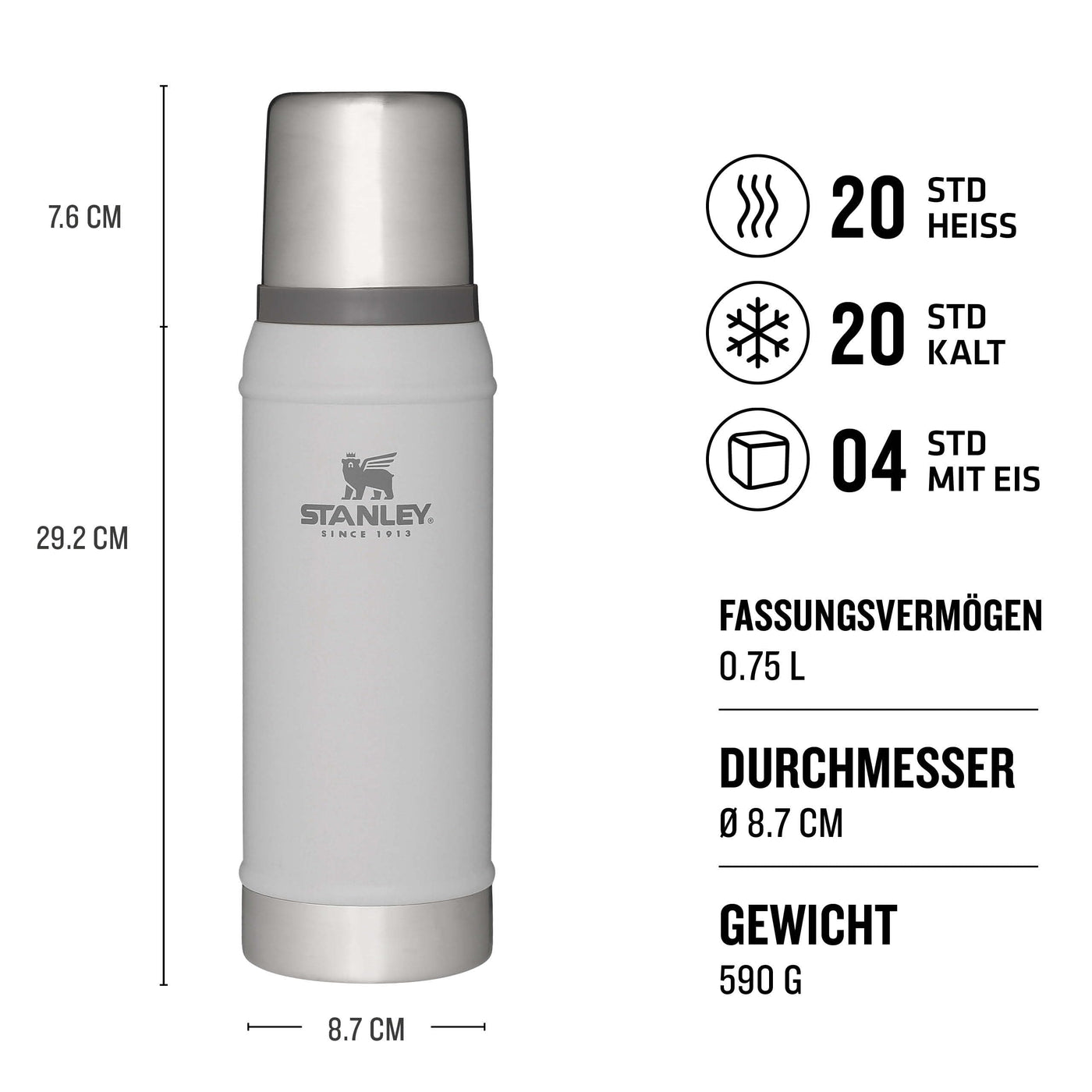 Stanley Classic Legendary Thermosflasche 750ml - Thermos Hält 20 Stunden Heiß oder Kalt - Edelstahl Thermoskanne - BPA-Frei - Spülmaschinenfest - Ash