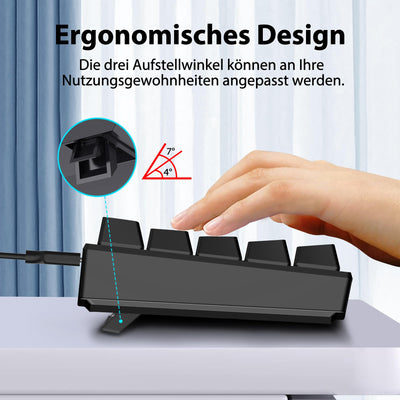 Snpurdiri 60% kabelgebundene mechanische Gaming-Tastatur, 62 Anti-Ghosting-Tasten, Blaue LED-Hintergrundbeleuchtung, ultrakompakte Zwei Stände (Rot Schalter/62 schwarz)