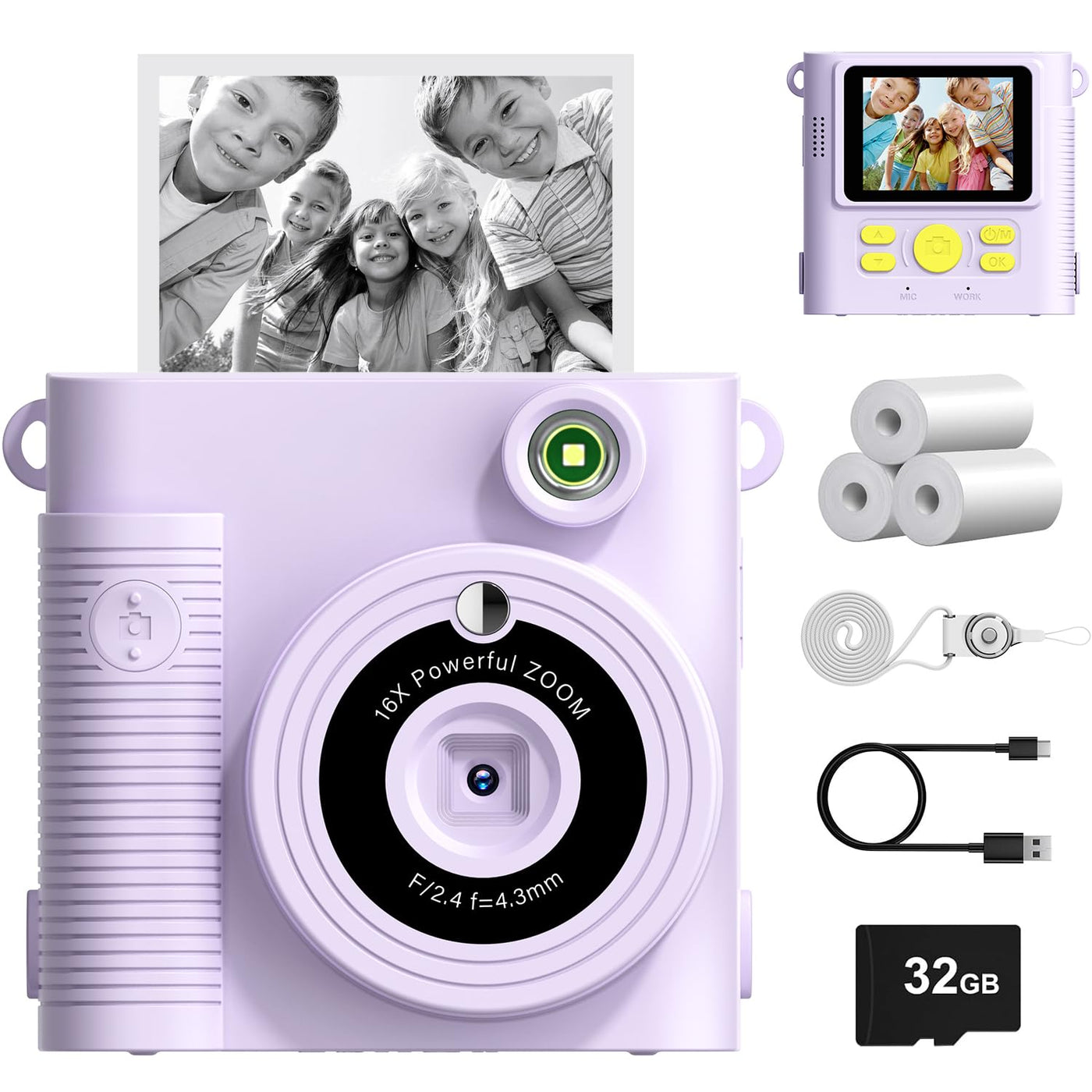 FNITAER Kinderkamera, 2,4 Zoll Sofortbildkamera, 1080P HD Kamera fotokamera mit 32 GB Karte und 3 Rollen Druckfotopapier, Kamera Kinder für 3–12 Jahre alte Jungen und Mädchen