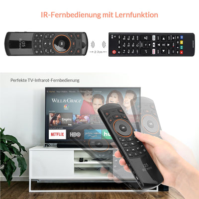 Rii Air Mouse mit 6 Axis Gyroskop, Tastatur Maus Set Kabellos ist Wiederaufladbar, Universalfernbedienung für HTPC/TV Box, PC Fernbedienung mit IR-Lernfunktion, QWERTZ, 2.4GHz, Schwarz