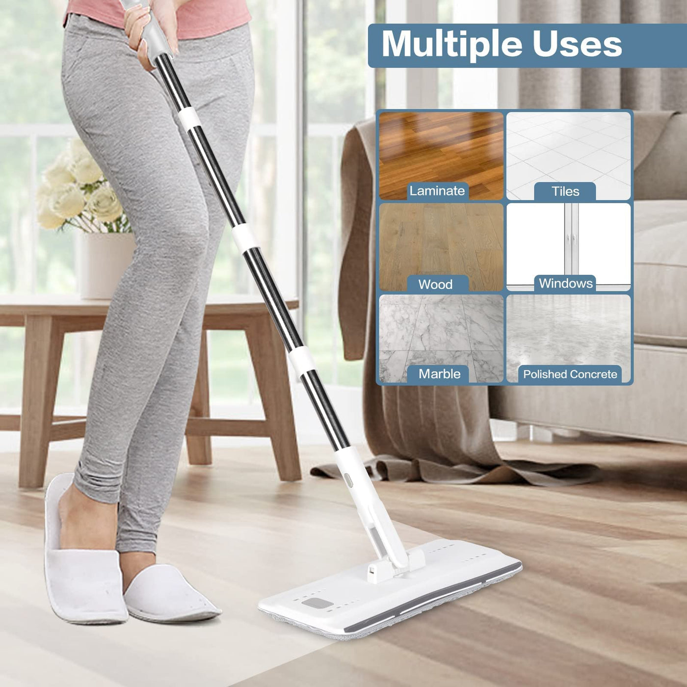 Masthome Wischmopp Set mit Eimer,Bodenwischer Set mit 10 Mikrofaser Pads und Langem Edelstahl Griff,Putzeimer mit Wischmop,Wischmopp mit Auswringfunktion für Alle Böden,Weiß