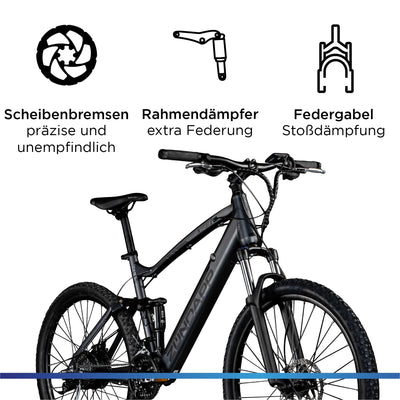 ZÜNDAPP XFS Ebike 27,5 Zoll Fully MTB Fahrrad für Damen und Herren 170-190 cm Elektrofahrrad Hinterradmotor 27 Gang Scheibenbremse E Bike 504 Wh Akku (schwarz, 48 cm)