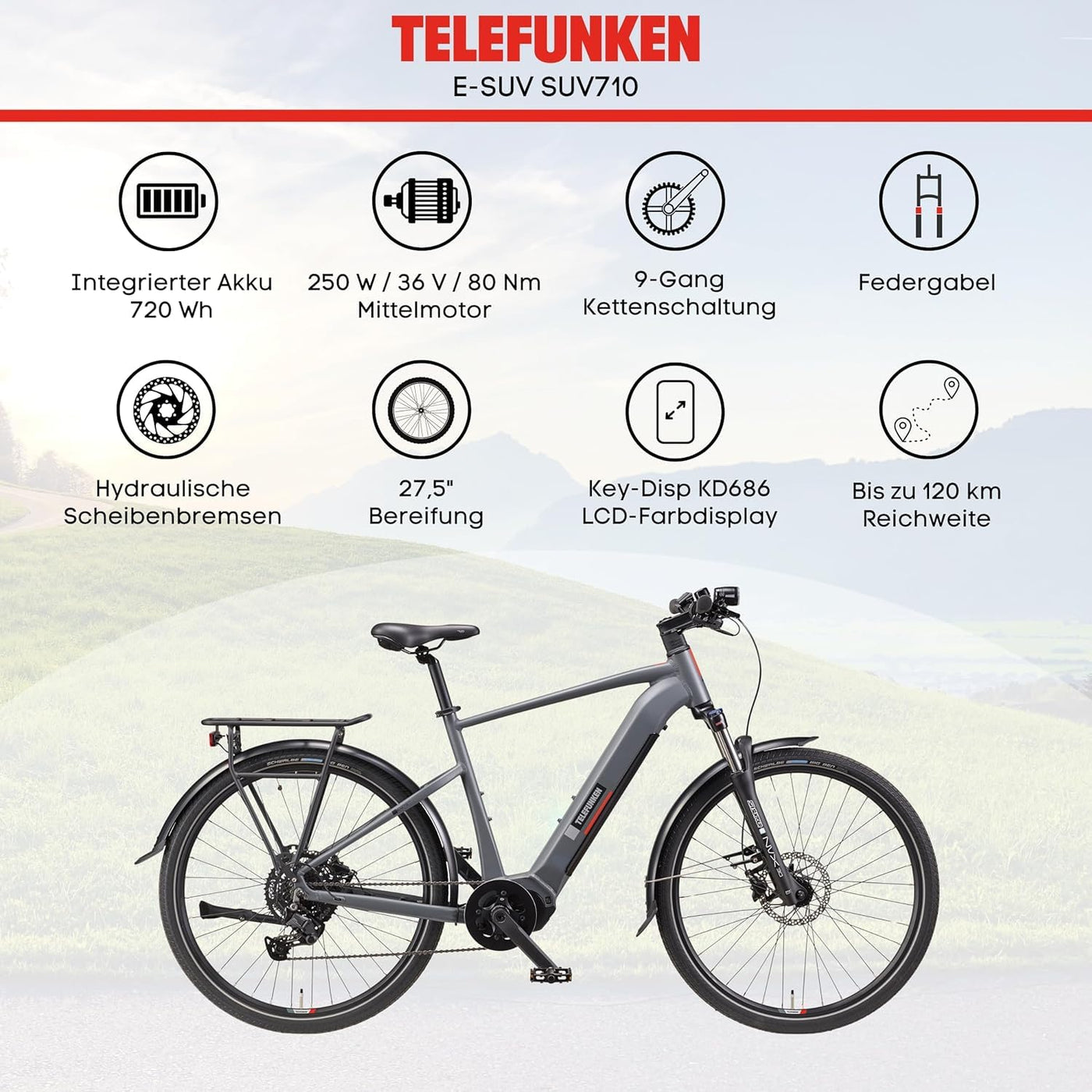 TELEFUNKEN E-Bike Herren 27,5 Zoll, Elektrofahrrad Mittelmotor, 9-Gang Kettenschaltung, Hydr. Scheibenbremsen, Pedelec SUV-Bike inkl. Fahrradschloss