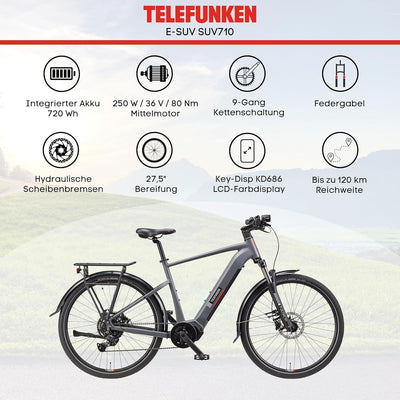 TELEFUNKEN E-Bike Herren 27,5 Zoll, Elektrofahrrad Mittelmotor, 9-Gang Kettenschaltung, Hydr. Scheibenbremsen, Pedelec SUV-Bike inkl. Fahrradschloss