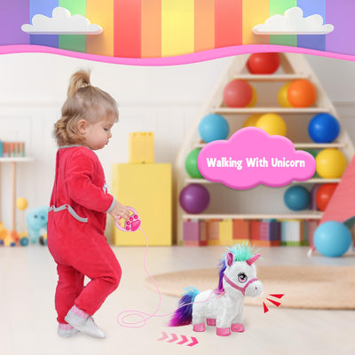 YH YUHUNG Einhorn Spielzeug mit Leine, Elektrischer Plüschtier Pony mit Lauf- und Soundfunktion - das Horn leuchtet