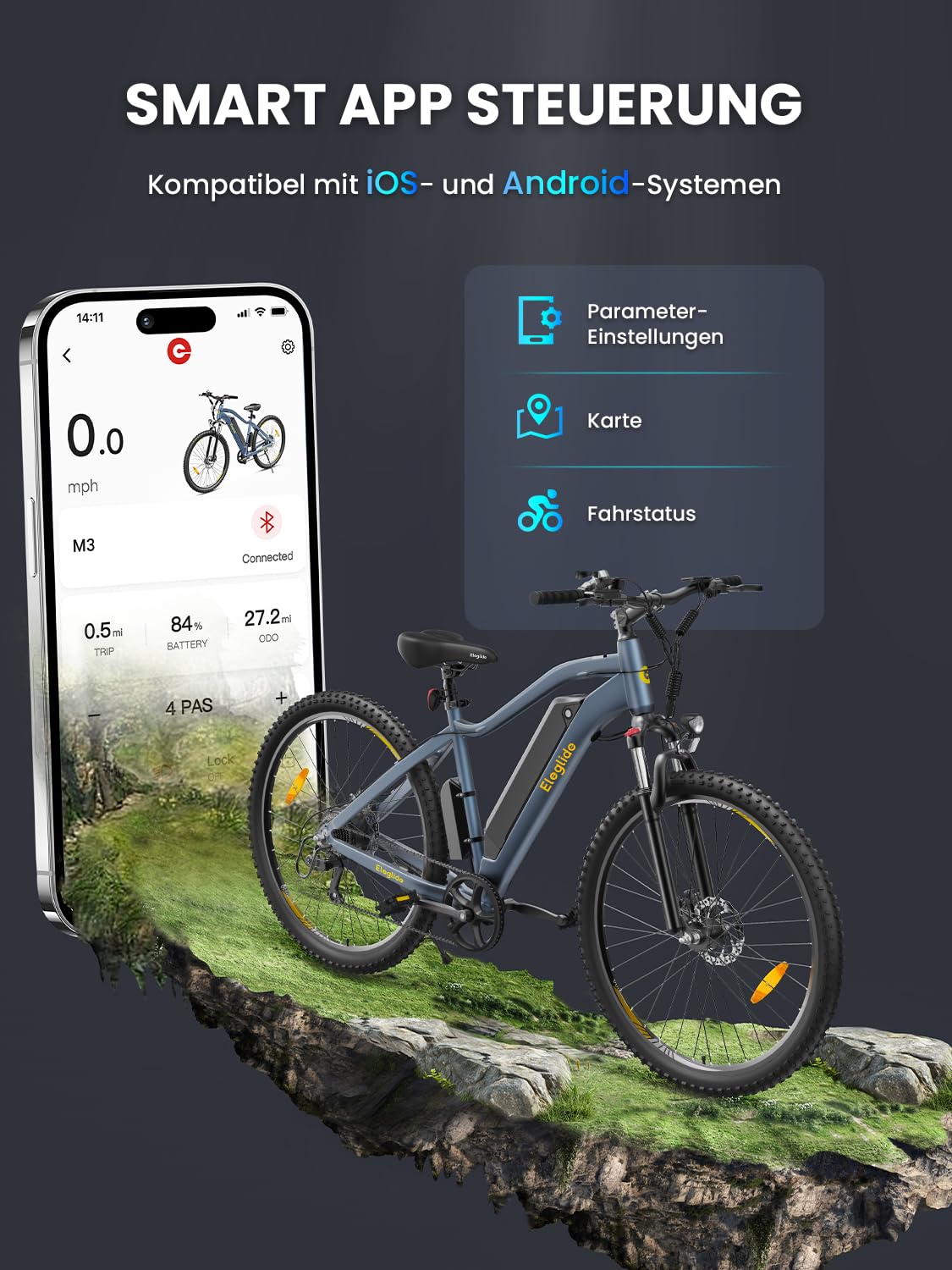 Eleglide Mopride3 E Bike, 29 Zoll E-Bike Herren Damen mit Hydraulische Scheibenbremse, 48V 12Ah Akku, 250W Motor, 120KM, APP, 7-Gang, Elektrofahrräder für Städtische Pendler und Geländereiten