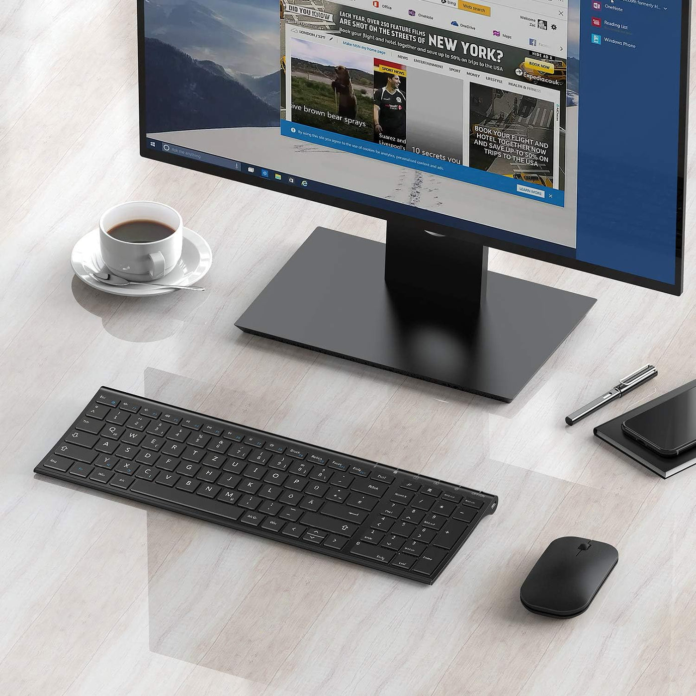 seenda Tastatur Maus Set Kabellos, Wiederaufladbare Aluminium Tastatur mit kompaktes Design, Ultradünne und Leise Funktastatur mit Maus für PC/Laptop/Smart TV, QWERTZ Layout, Schwarz