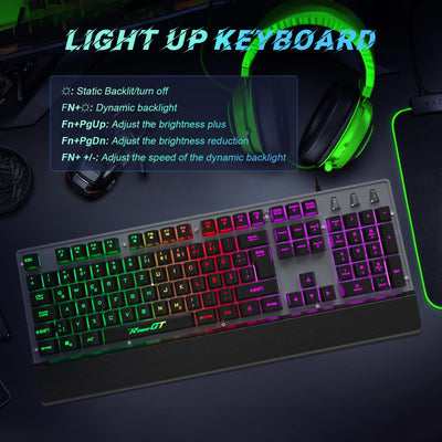 RaceGT Gaming Tastatur Kabel, Tastaturen LED Handballenauflage Beleuchtet Full Size Metallplatte Keyboard mit Nummernblock, Multimedia Tasten, DE QWERTZ Layout, für Office PC Gamer Laptop Xbox