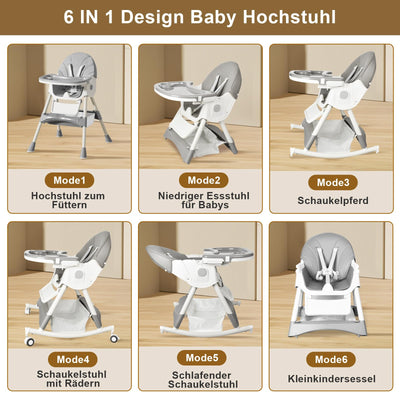 LINELUCK Hochstuhl Baby 6in1 Kinderhochstuhl mit Babyliege und Baby Schaukelstuhl, Verstellbar Klappbar Hochstuhl Baby mit Essbrett und Rollen,Korb, mitwachsend ab 6 Monate bis 6 Jahre Babystuhl