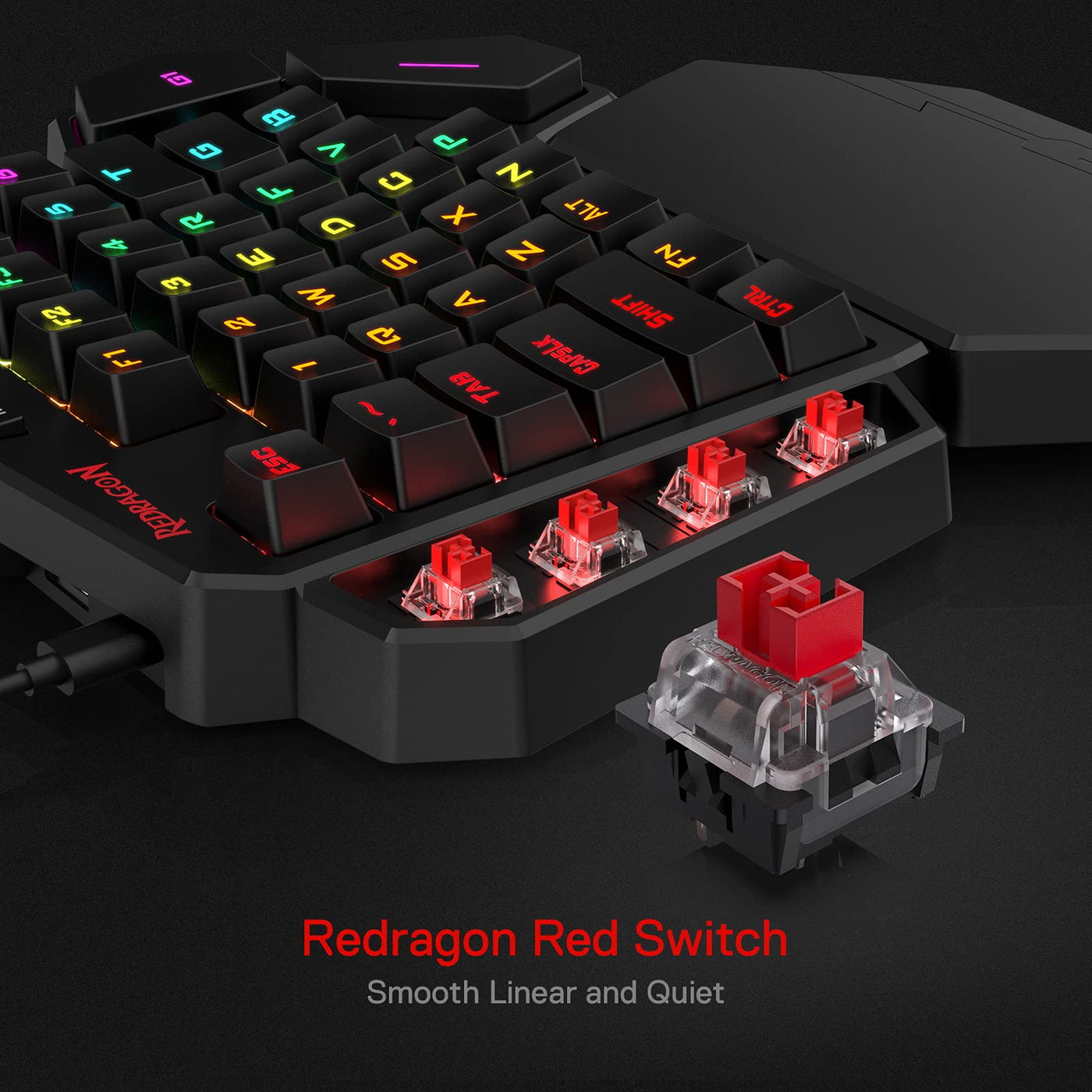 Redragon K585 DITI Einhand RGB Mechanische Gaming-Tastatur, Rote Schalter, Typ-C Professionelle Gaming-Tastatur mit 7 Integrierten Makrotasten, Abnehmbare Handgelenkstütze, 42 Tasten