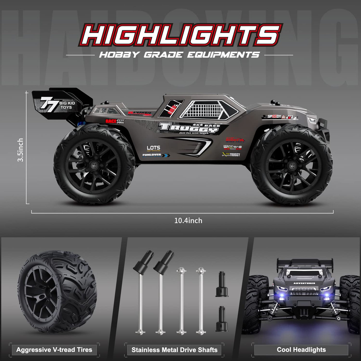 HAIBOXING Ferngesteuertes Auto, 1:18 RC Cars 36 km/h Hobby RC Auto mit Lights, 2,4 GHz Wasserdichter 4WD Off-Road Outdoor Indoor Fahrzeug, 2 Akku Lange Laufzeit (18868)