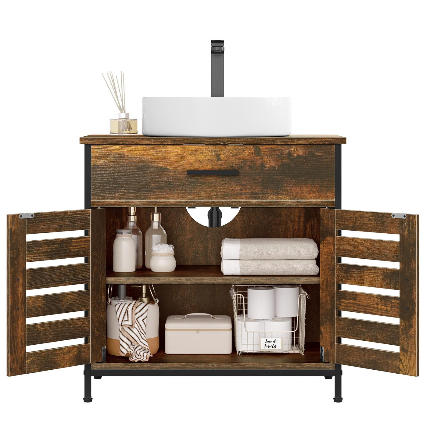 EUGAD Waschbeckenunterschrank, Badezimmer Unterschrank Waschbecken, Badezimmerschrank mit Schublade, 2 Türen, verstellbare Ablage, freistehend, 60x60x30 cm, Rustikles Braun