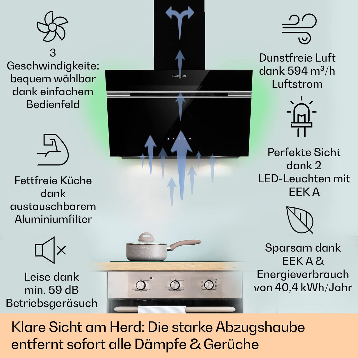 Klarstein Dunstabzugshaube 60cm, Abluft/Umluft-Dunstabzugshaube mit RGB-LEDs, Leistungsstarke Abzugshaube, 594 m³/h Luftstrom, Schräghaube mit Energieeffizienzklasse A, Dunstabzug 60 cm