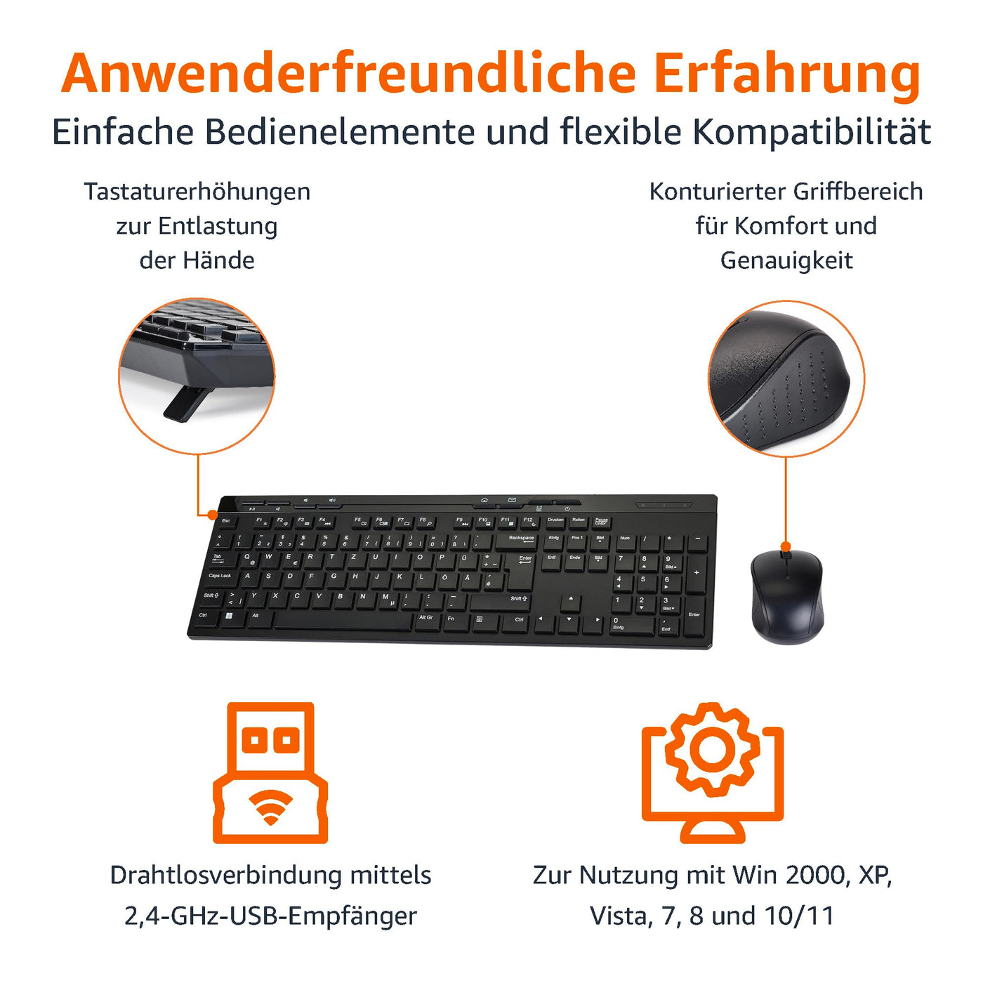 Amazon Basics – Tastatur-Maus-Set, volle Größe, kabellos, USB-Empfänger mit 2,4 GHz, DE-Layout, schwarz