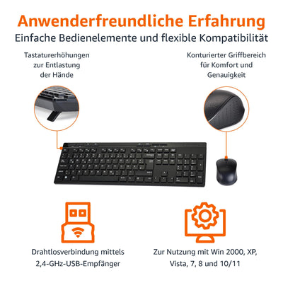 Amazon Basics – Tastatur-Maus-Set, volle Größe, kabellos, USB-Empfänger mit 2,4 GHz, DE-Layout, schwarz