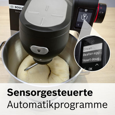 Bosch Küchenmaschine Serie 6 MUMS6ZS13D, NEU, Automatikprogramme, integr.1g Waage, 5,5l Schüssel, Durchlaufschnitzler, Scheiben, Knethaken/Rührbesen/Silikonbesen, spülm.fest, 1.600 W, silber/schwarz