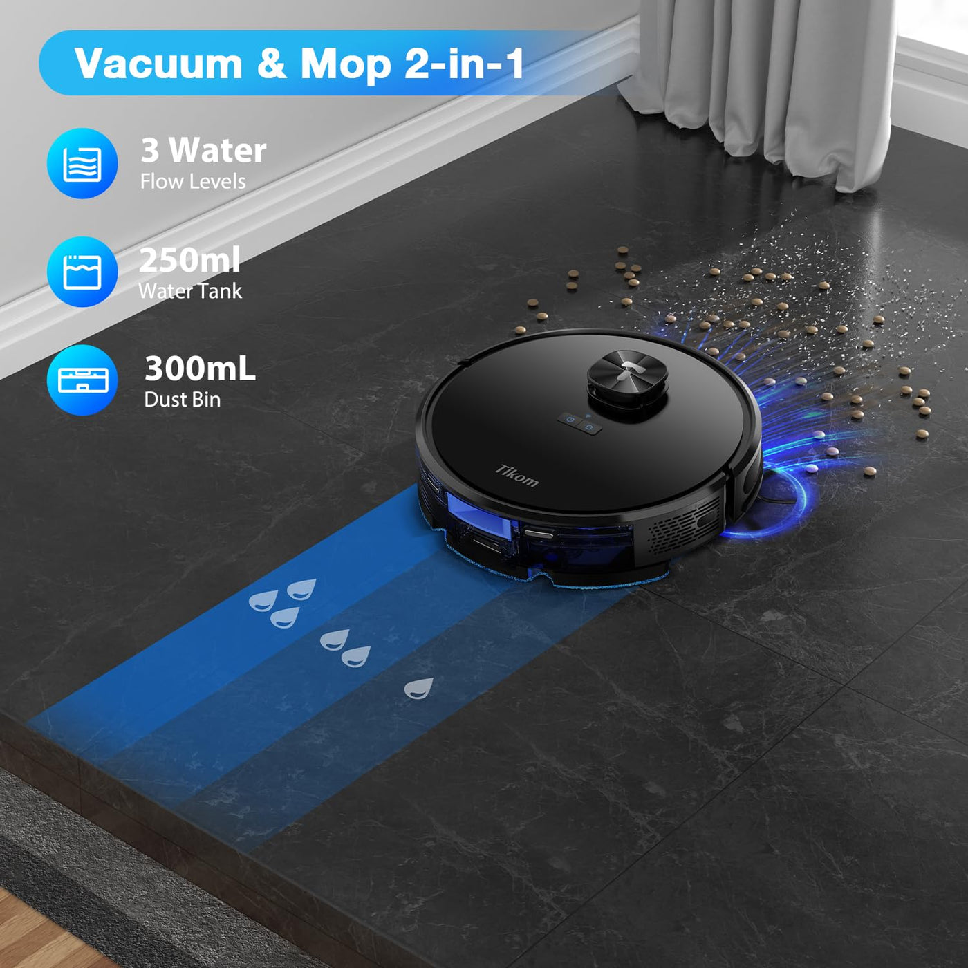 Tikom L9000 Saugroboter mit Wischfunktion, LiDAR Navigation, 4000Pa Staubsauger Roboter, 150Mins Max, Selbstaufladend, WLAN, 14 No-Go-Zonen, für Tierhaare, Teppich, Hartboden