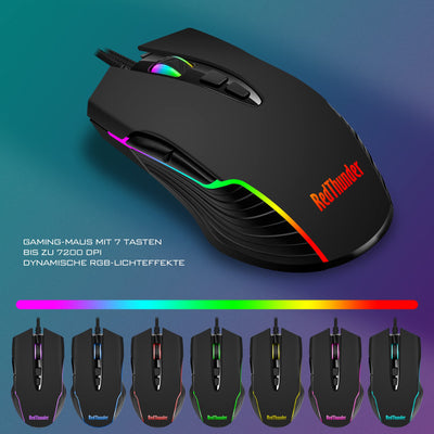 RedThunder K10 Gaming Tastatur und Maus Set, QWERTZ DE-Layout, Metallplatte und Handballenauflager,RGB-Hintergrundbeleuchtung und 7D mit Ergonomische für PC Gamer(Schwarz)