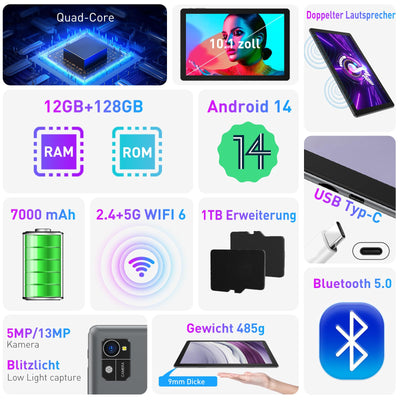 XGODY 10 Zoll Android 14 Tablet mit Tastatur 2,4G/5G WLAN 2,0 GHz | 12 GB RAM + 128 GB ROM (TF 1 TB) | FHD | 5+13 MP Kamera | 7000 mAh | Bluetooth 5.0,Tablet PC – Schwarz