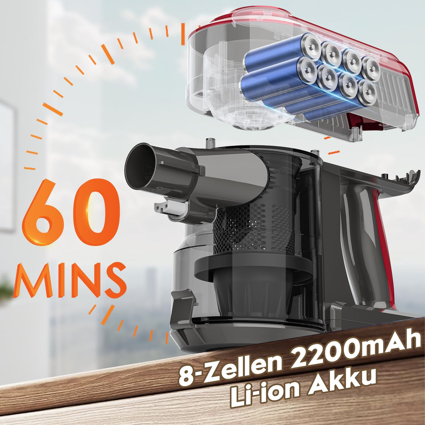 Akitas V10 30V 450W 45kPa 60 Minuten Akku Staubsauger kabellos Stielstaubsauger aufrecht und handgehalten, Leichtgewicht mit bürstenlosem digitalem BLDC-Motor, geeignet für Teppiche und Tierhaare