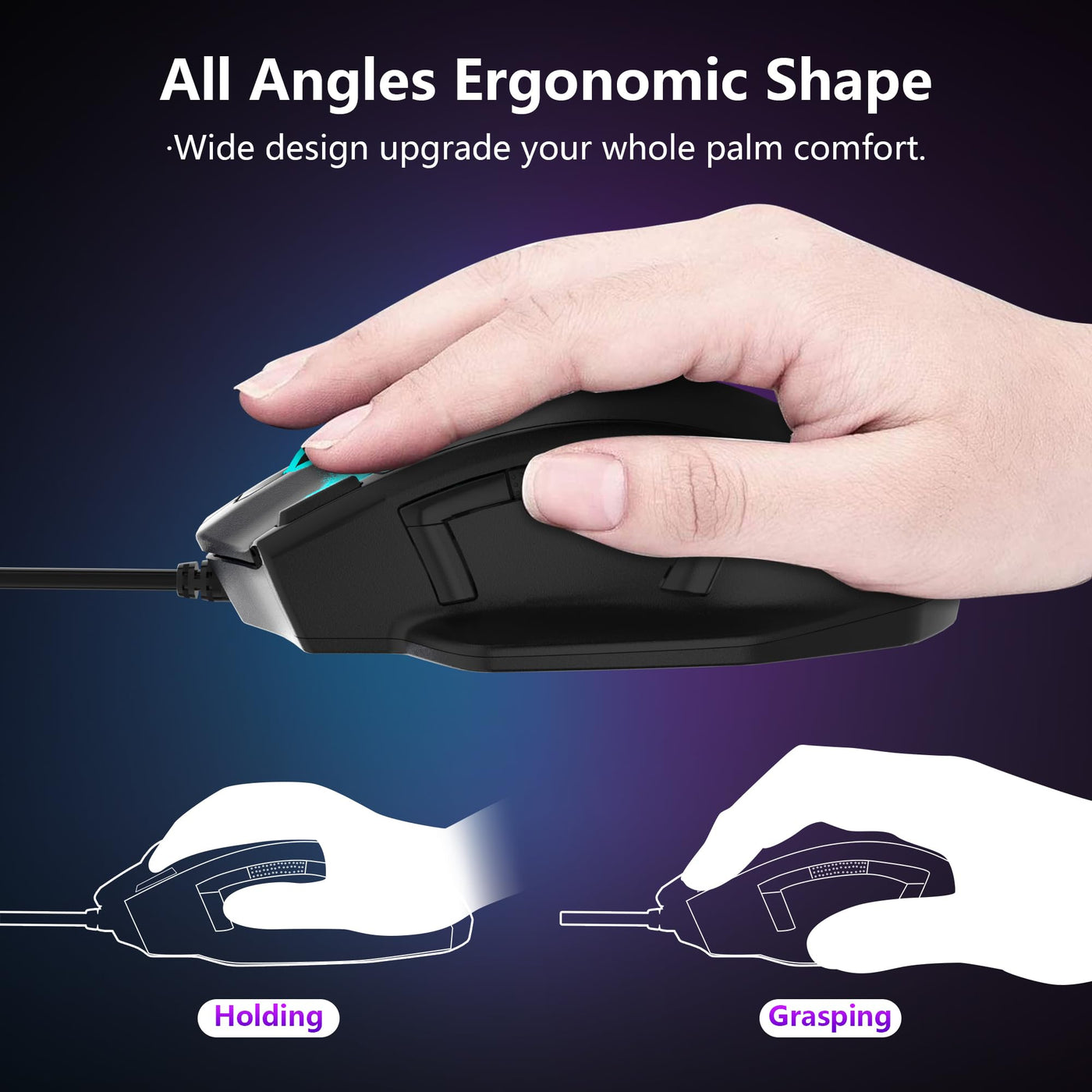 Large Gaming Mouse, Verkabelte Maus für große Hände (mit 12400 DPI, 6 Tasten, Einstellbare Gewicht und RGB-LED-Licht), Computer Gaming-Maus für PC/Mac/Laptop, Schwarz