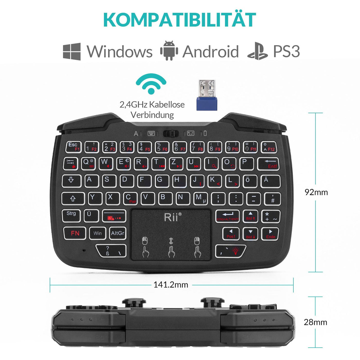 Rii Gaming Controller Wireless mit Tastatur mit Touchpad, 3-in-1-Funktionalität, 2,4GHz-Empfänger-Anschluss, Wiederaufladbare, Weiße Hintergrundbeleuchtung