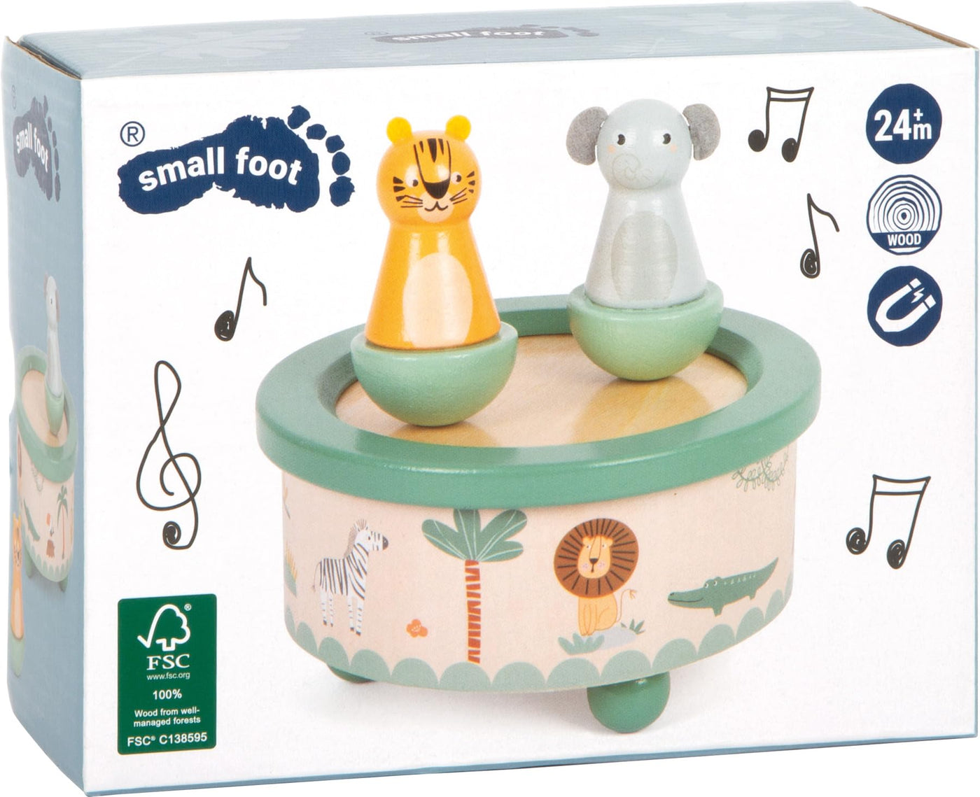 small Foot Spieluhr „Safari“ aus FSC® 100%-zertifiziertem Holz, kindgerecht gestaltet mit Tiger und Elefant, für Kinder ab 2 Jahren, 12738