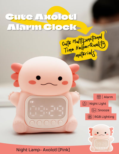 IHALO Cute Axolotl Wecker Kinder mit Nachtlicht, Kinderwecker Mädchen Nachttisch, Silikon Nachtlicht für Kinder, Wiederaufladbar, Zwei Wecker, Datum, Uhrzeit, Dekoration für Babyzimmer
