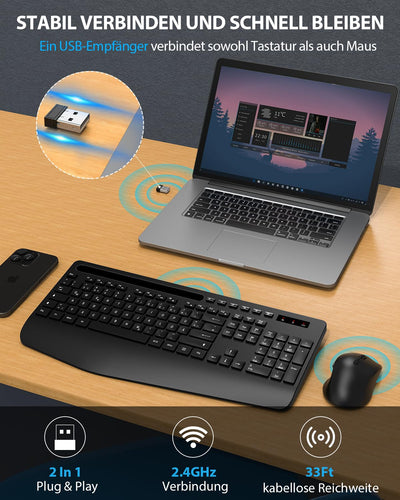 Tastatur Maus Set kabellos, Handballenauflage, Telefonhalter, Akku im Lieferumfang enthalten, 2.4G keine Latenz Ergonomische Tastatur kabellos Set, Leise Maus und Tastatur für Laptop, PC, Mac, Windows