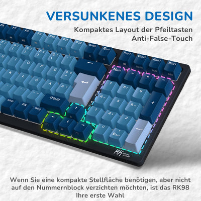 RK ROYAL KLUDGE RK98 Mechanische Tastatur Kabellose Gaming Tastatur 2.4G/Bluetooth 5.1/USB-C RGB Hinterleuchtet Deutsches Layout QWERTZ 100 Tasten Hot Swappable Braune Schalter, Blau