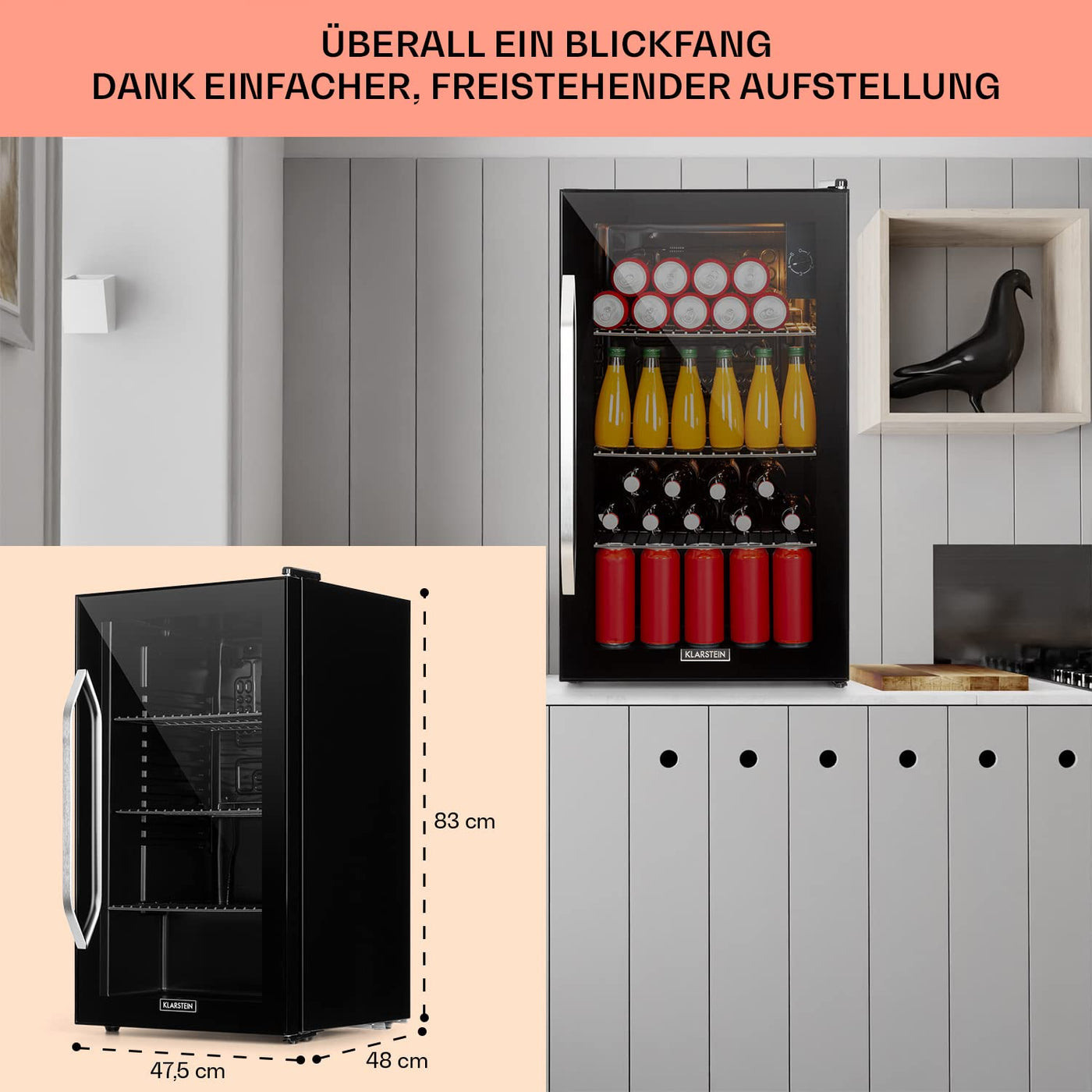 Klarstein Getränkekühlschrank, Kühlschrank Klein mit 3 Ablagen, Minikühlschrank Lautlos für Büro Camping Outdoor, mit Glastür, Mini Fridge 3-10°C, Bierkühlschrank 80 Liter, Schwarz