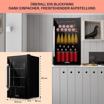 Klarstein Getränkekühlschrank, Kühlschrank Klein mit 3 Ablagen, Minikühlschrank Lautlos für Büro Camping Outdoor, mit Glastür, Mini Fridge 3-10°C, Bierkühlschrank 80 Liter, Schwarz