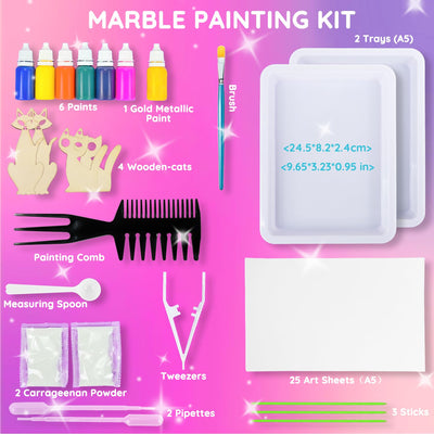 MOMUSE Bastelset Kinder ab 6 Jahre mit 2 Tabletts, Wasser-Marmorierfarbe-Set & Holz-Katzenfiguren, Kreatives Basteln Mädchen 8 Jahre, Coole Geschenke für Jungen Mädchen ab 6 8 9 10 12 Jahre