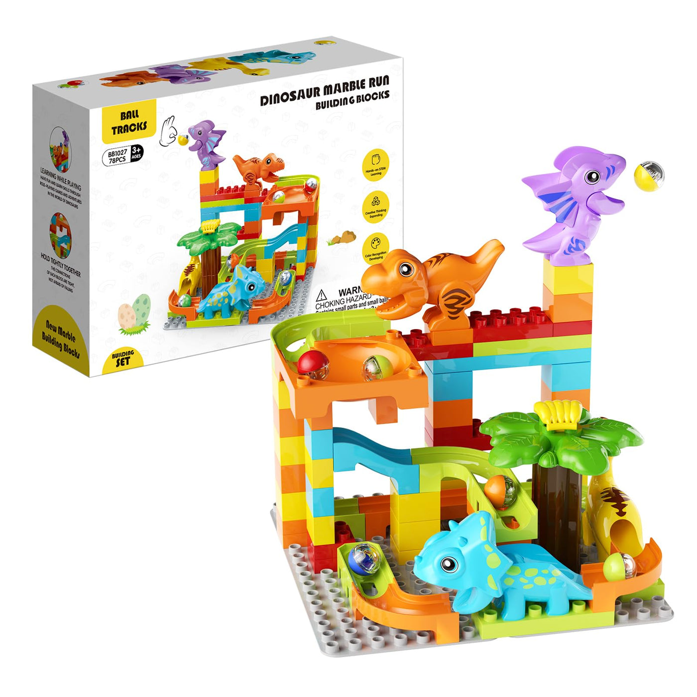 burgkidz Murmelbahn Bauklötze Dinosaurier Set, 78-teiliges Interaktive Kugelbahnen Labyrinth Spiel Kompatibel Konstruktionsspielzeug, STEM Pädagogisches Geschenk für Kinder Alter von 3+ Jahren