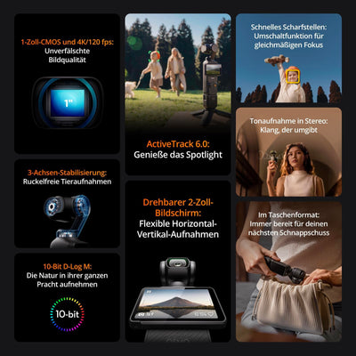 DJI Osmo Pocket 3 Kreativ Combo Bundle, vlog Kamera 4K mit 1-Zoll-CMOS und 4K/120 fps Video, 3-Achsen-Stabilisierung, digital Kamera, schnelles Scharfstellen (Pocket 3 Creator Combo)