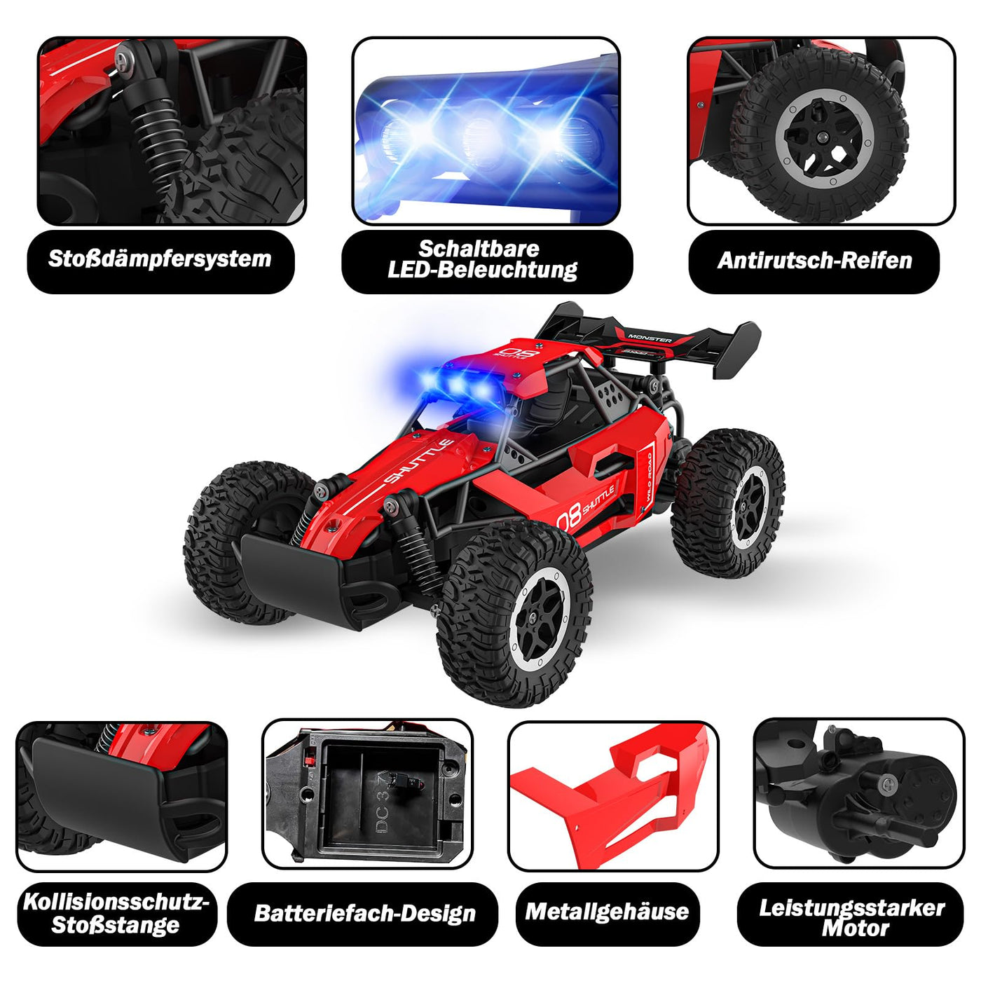 SZJJX Ferngesteuertes Auto ab 3 4 5 6 7 8+ Jahre Kinder,2.4Ghz RC Auto Spielzeug mit Alloy Gehäuse,LED Blinken,2WD 20KM/H Rennauto Ferngesteuert,RC Car Crawler Geschenk Mädchen Junge Kinder Rot